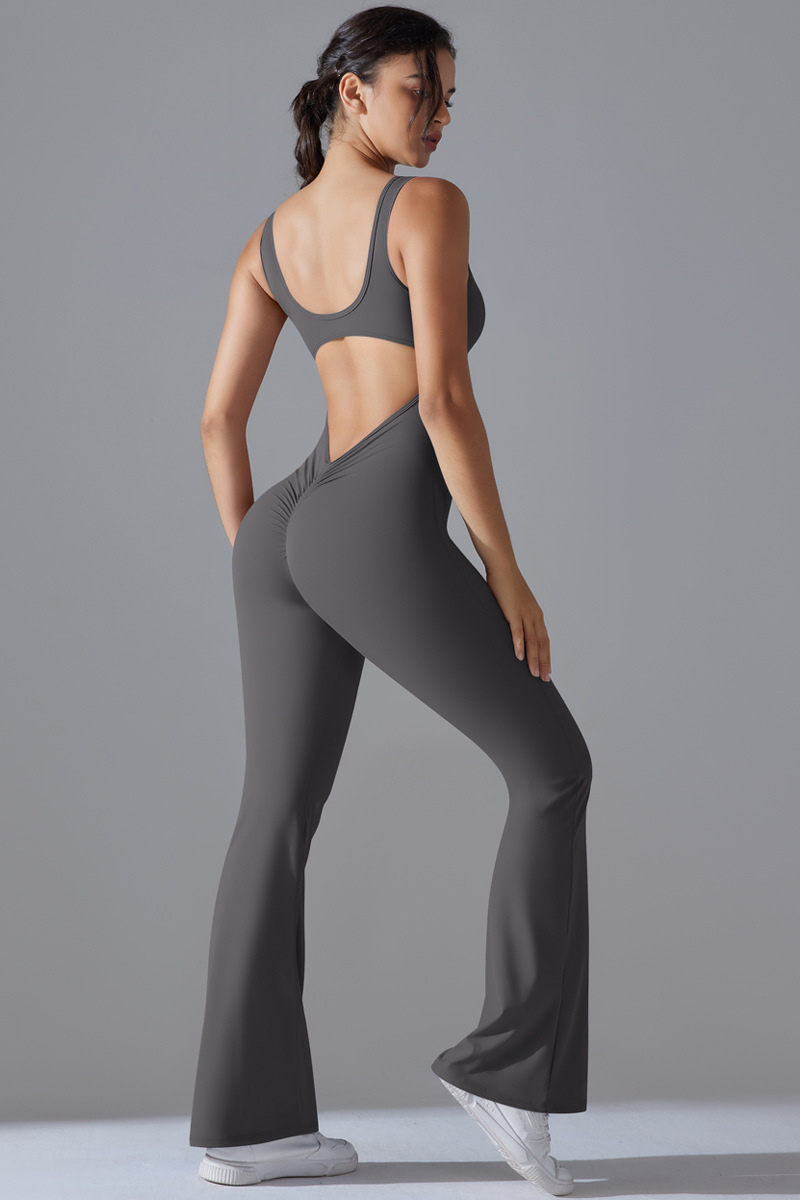 Women's U-neck Pleated Buttocks Lift Flared Pants Jumpsuit - Image 12
