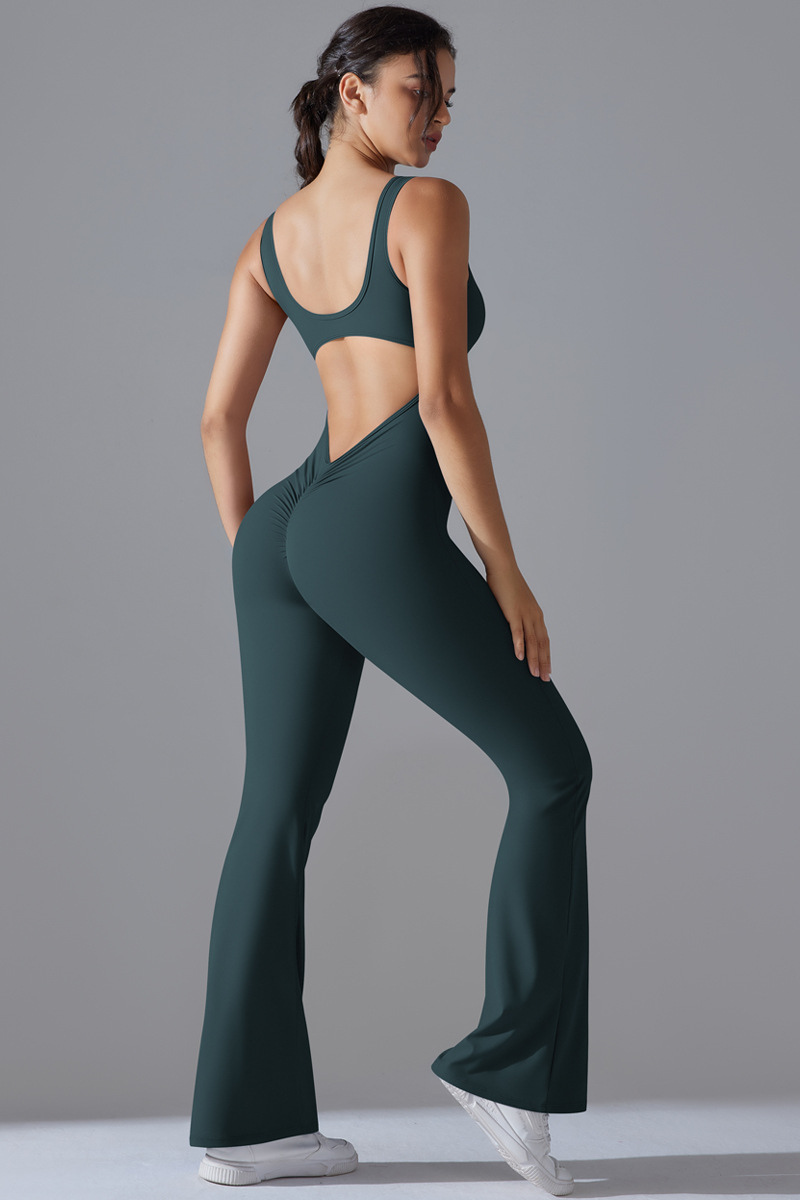 Women's U-neck Pleated Buttocks Lift Flared Pants Jumpsuit - Image 16