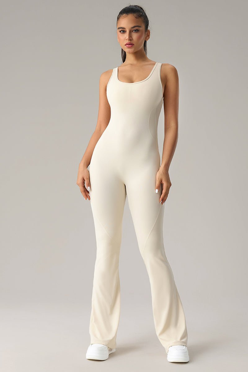 Women U-Neck Open-Back Sculpting Flared Pants Yoga Bodysuit - Image 12