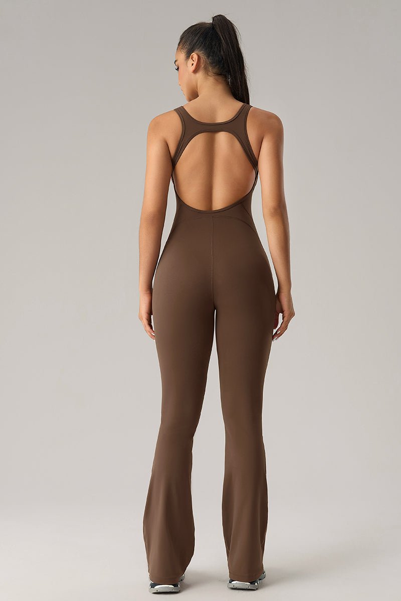 Women U-Neck Open-Back Sculpting Flared Pants Yoga Bodysuit - Image 2