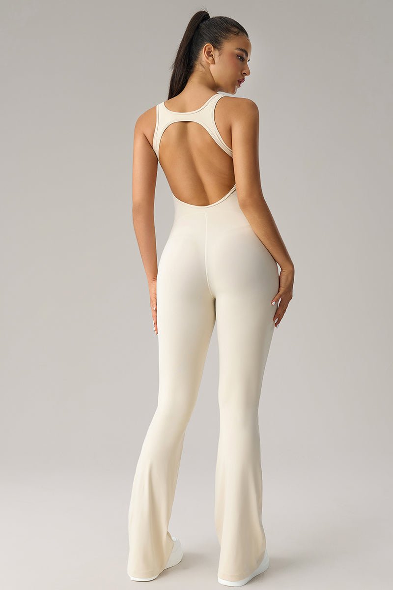 Women U-Neck Open-Back Sculpting Flared Pants Yoga Bodysuit - Image 13