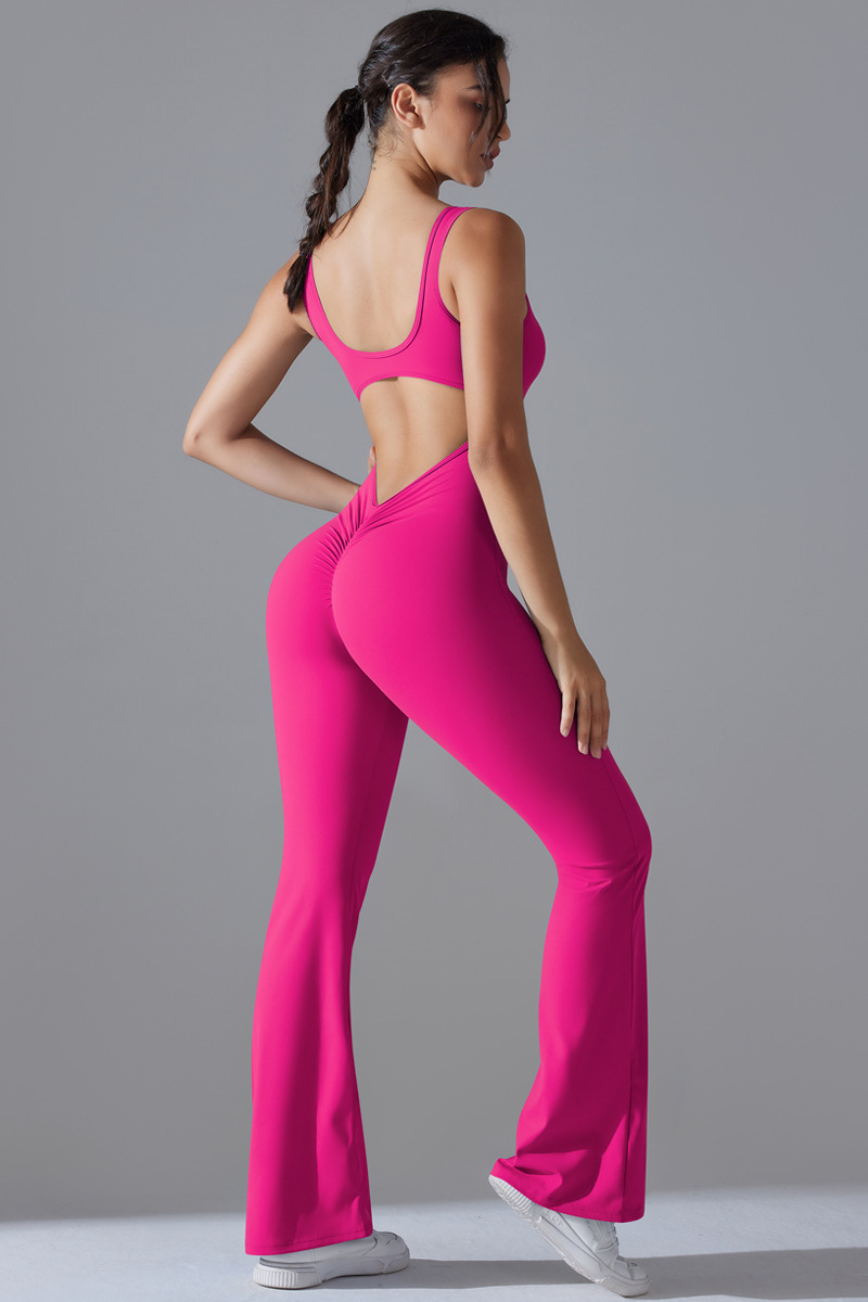 Women's U-neck Pleated Buttocks Lift Flared Pants Jumpsuit - Image 2