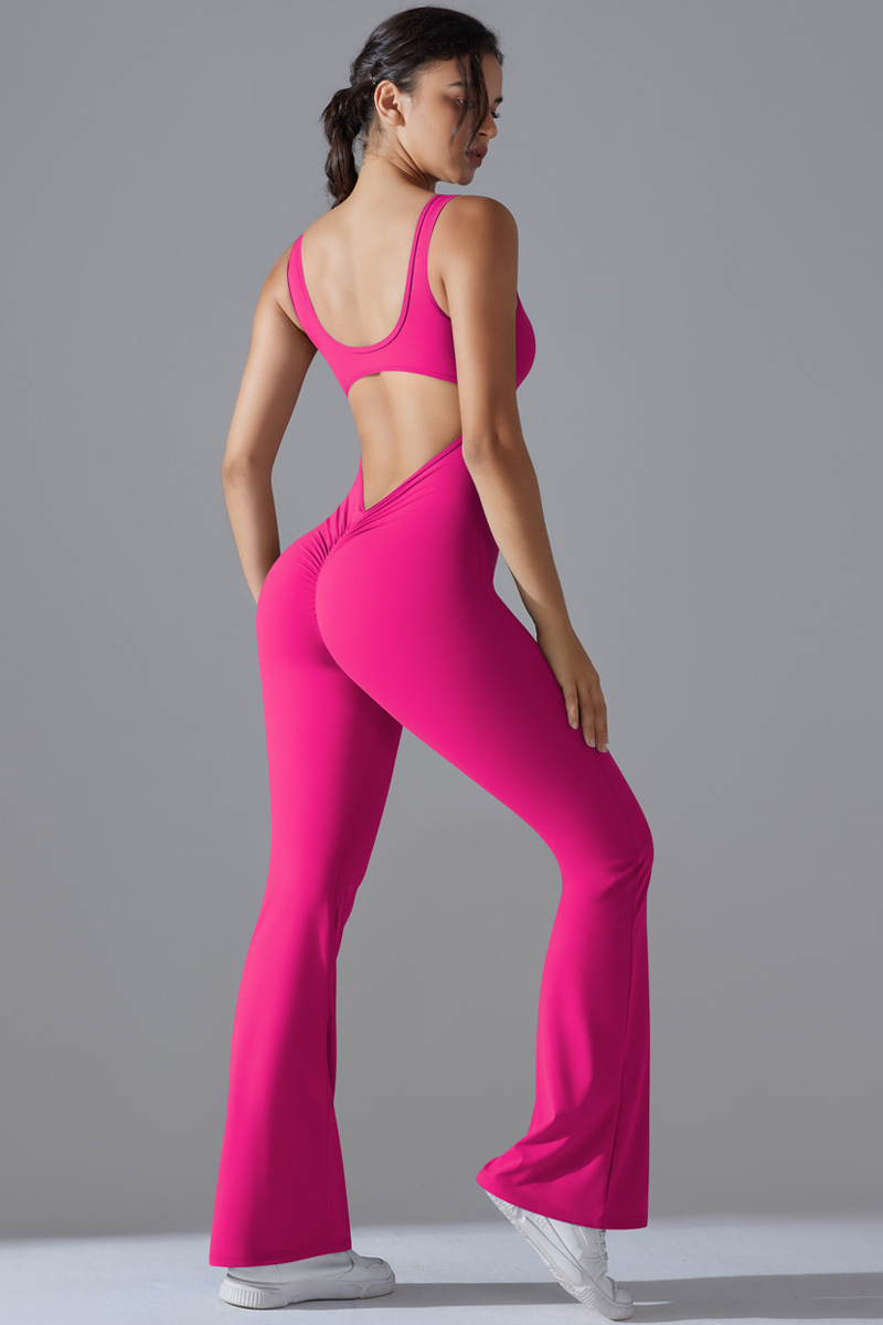 Women's U-neck Pleated Buttocks Lift Flared Pants Jumpsuit - Image 3