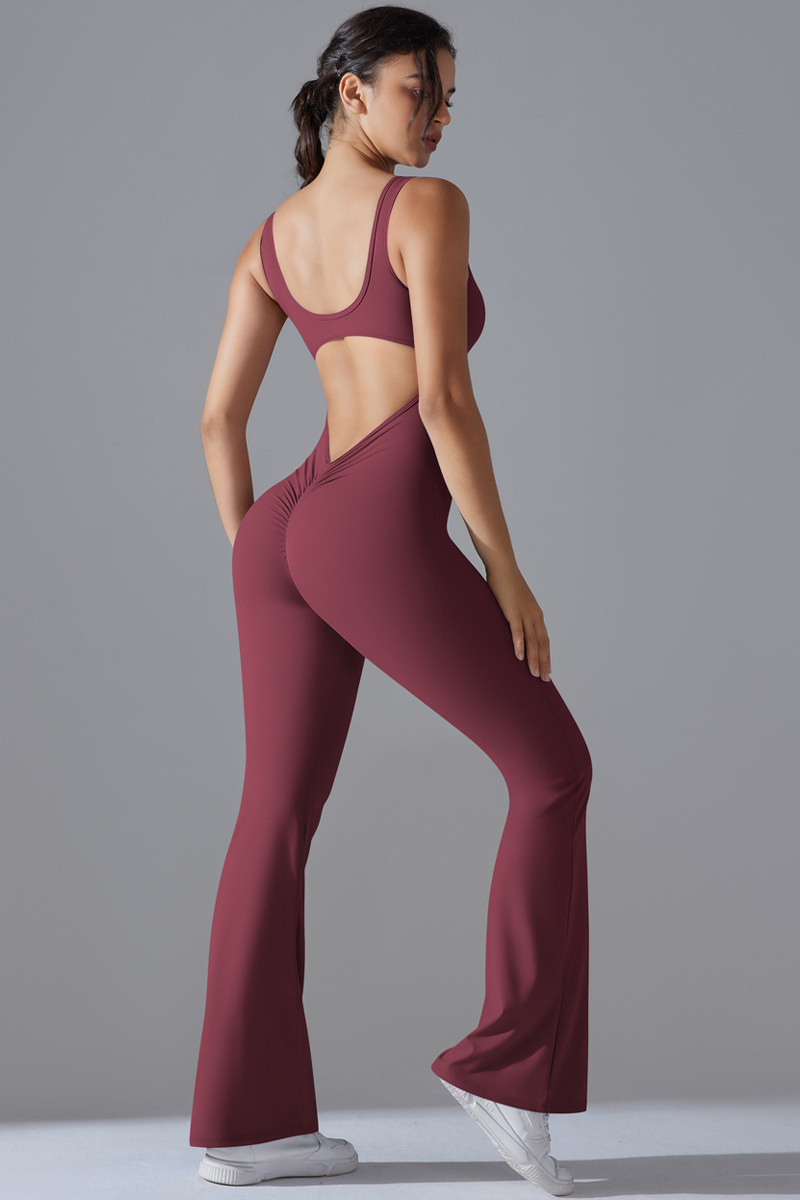 Women's U-neck Pleated Buttocks Lift Flared Pants Jumpsuit - Image 11